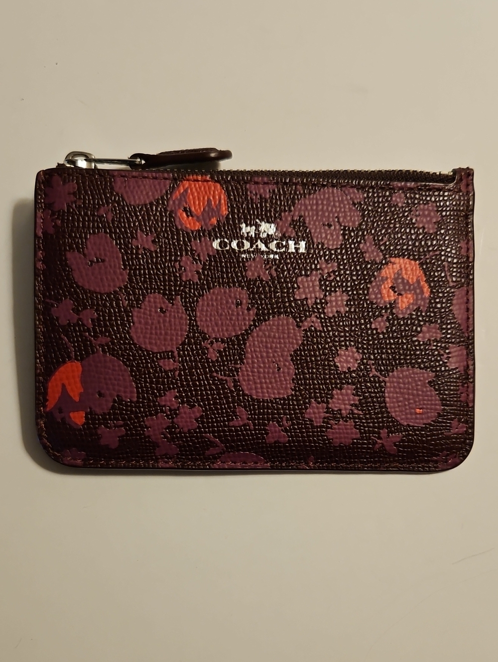 COACH PEBBLED LEATHER KEY POUCH PURPLE PLUM  SHADOW TULIP PRINT 5" X 31/2"